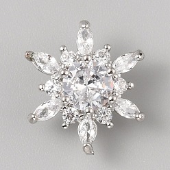 Платина 1-отверстие из латуни с кубическим цирконием на хвостовике, цветок, платина, 16x14x8.5 мм, отверстие : 1.2 мм