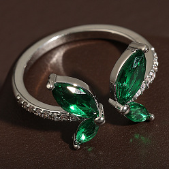 Зеленый Кольца-манжеты из латуни с микропаве из кубического циркония в виде бабочки, платина, зелёные, 11 мм, внутренний диаметр: 17~19 мм