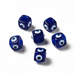 Medium Blue Resin Evil Eye European Beads, Large Hole Bead, Cube, Medium Blue, 12.5x14~14.5x14~14.5mm, Hole: 6mm