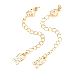 Golden Brass Curb Chain Extender, End Chains with Lobster Claw Clasps and Fish Charms, Golden, 71mm, Hole: 2.4mm