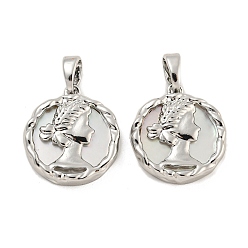 Platinum Brass Pave Shell Pendants, Flat Round with Women Charm, Platinum, 16x15x3.5mm, Hole: 4.8x2.7mm