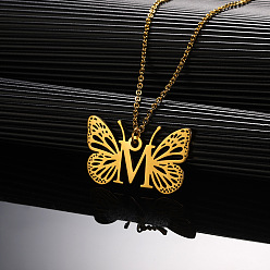 Letter M 304 ожерелья с подвеской в виде бабочки из нержавеющей стали, золотые, Буква М, 15.75 дюйм (40 см)
