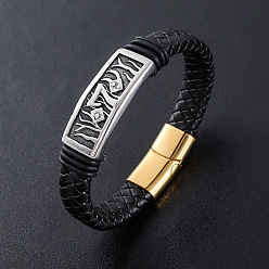 Античный Серебристый & Золотой Браслеты из плетеного шнура из искусственной кожи в стиле панк, 304 Браслеты с подвесками из морской травы из нержавеющей стали для мужчин, с магнитной застежкой, старинное серебро & золотой, 8.27 дюйм (21 см)