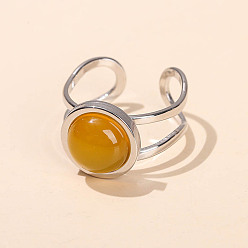 Желтый Агат 304 Кольца-манжеты из нержавеющей стали и натурального желтого агата, плоско-круглые, серебряные, внутренний диаметр: 18 мм