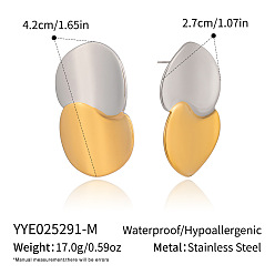 Real Gold Plated & Stainless Steel Color 304 Stainless Steel Stud Earrings for Women, Nuggets, Real Gold Plated & Stainless Steel Color, 42x27mm