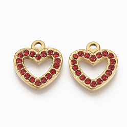 Светло-сиамский Золотой тон 304 подвески из нержавеющей стали, со стразами, сердце, Light Siam, 15x14x2 мм, отверстие : 1.5 мм