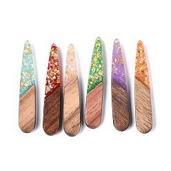 (52) Непрозрачная лаванда Подвески из непрозрачной смолы и орехового дерева, слезинки, с блестящей пудрой и золотой фольгой, разноцветные, 44x7.5x3~3.5 мм, отверстие : 1.6 мм