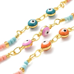 Mixed Color Handmade Brass Enamel Flat Round with Evil Eye Link Chains, Glass Beaded Chains, Real 18K Gold Plated, Soldered, with Spool, Cadmium Free & Lead Free, Mixed Color, Evil Eye: 9x5x3.5mm, Glass Bead Link: 20~20.5x3x2mm