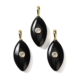 Obsidiana Colgantes naturales de obsidiana, con detalles de latón dorado micro pavé de circonita cúbica transparente, dije con forma de ojo de caballo, 32~34x13.5~14.5x7.5~8 mm, agujero: 5x3 mm