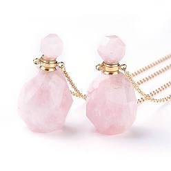 Rose Quartz Natural Rose Quartz Openable Perfume Bottle Pendant Necklaces, with 304 Stainless Steel Cable Chain and Plastic Dropper, Bottle, Size: about 34~40 long, 15~20mm wide