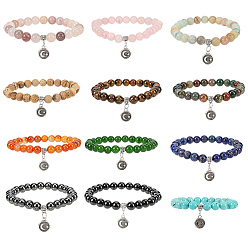 Antique Silver 12Pcs 12 Colors Gemstone Round Bead Bracelets, Flat Round with Moon & Star Alloy Charm Bracelets, Antique Silver, Inner Diameter: 2.36 inch(6cm), 1pc/color