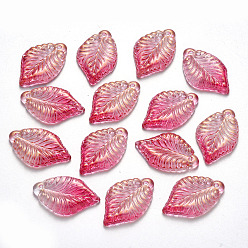 Камелия Двухцветные прозрачные стеклянные подвески, с блеском порошок, лист, камелия, 22.5x14.5x3.5 мм, отверстие : 1.2 мм