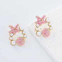 Pearl Pink Ocean Theme 304 Stainless Steel Enamel Stud Earrings for Women, Starfish & Shell Shape, with Imitation Pearl, Pearl Pink, 24x31mm
