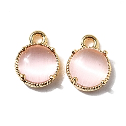 Pink Плоские круглые латунные подвески, с кошачий глаз, без никеля , реальный 18 k позолоченный, розовые, 9x7x3.5 мм, отверстие : 1.2 мм