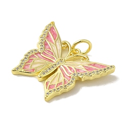 Pink Butterfly Brass Enamel Micro Pave Cubic Zirconia Pendants, Real 18K Gold Plated, with Jump Ring, Pink, 22x26.5x3mm, Hole: 4.2mm