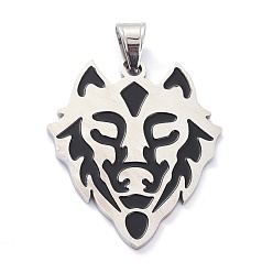 Stainless Steel Color 304 Stainless Steel Pendants, with Enamel, Tiger Head, Black, Stainless Steel Color, 40x34x2mm, Hole: 5x8mm