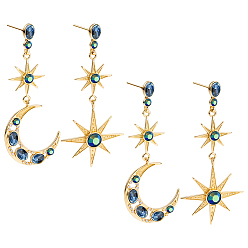 Light Gold 2 пары серег-гвоздиков с подвесками в виде луны и звезд из аквамарина и страз, с цинкового сплава, слева и справа, золотой свет, 62~63 мм, штифты : 0.8 мм
