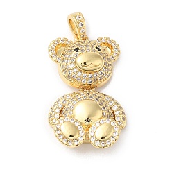 Real 18K Gold Plated Rack Plating Brass Micro Pave Clear Cubic Zirconia Pendants, Bear Charms, Long-Lasting Plated, Cadmium Free & Lead Free, Real 18K Gold Plated, 33x19x8mm, Hole: 4x3mm