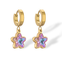 Звезда Серьги-кольца из нержавеющей стали с микропаве из кубического циркония, золотые, звезда, 30x19 мм