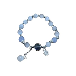 Лунный Камень Браслеты с подвесками из круглого бисера со звездным сплавом, натуральным аквамарином и лунным камнем, платина, 7-1/8~8-5/8 дюйм (18~22 см)