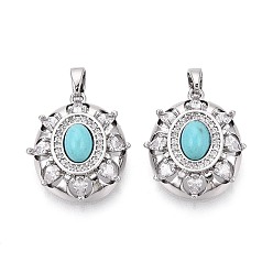 Платина Окрашенные синтетические бирюзовые подвески, Подвески в виде цветка из прозрачных кубических цирконий, инкрустированные латунью., платина, 22x18x7.5 мм, отверстие : 4.5x3 мм