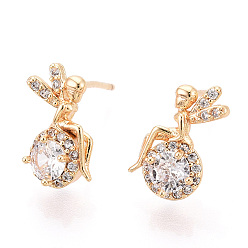 Настоящее золото 18K Латунные микро проложить серьги стержня кубического циркония, фея, реальный 18 k позолоченный, 12x7.5 мм