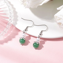 Зеленый Авантюрин Круглые серьги-подвески из натурального зеленого авантюрина, с бусинами из АБС-пластика, имитирующими жемчуг, и колпачками для бусин в тибетском стиле, и 304 крючками для сережек из нержавеющей стали, старинное серебро и платина, 36.5x10 мм