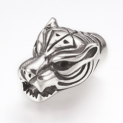 Античное Серебро 316 концы хирургического шнура из нержавеющей стали, Торцевые крышки, для изготовления кожаных браслетов, голова тигра, античное серебро, 22x14x12 мм, отверстие : 6.5 мм