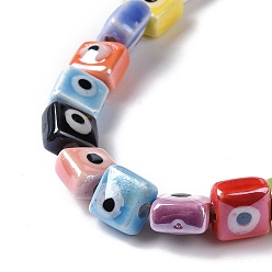 Colorful Handmade Porcelain Ceramic Beads Strands, Famille Rose Style, Square with Evil Eye, Colorful, 7.5~8x7.5~8x5~5.5mm, Hole: 2mm, about 40pcs/strand, 12.36~12.44 inch(31.4~31.6cm)