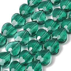 Teal Transparent Glass Beads Strands, Heart, Faceted, Teal, 10x10x4.5mm, Hole: 1mm, about 70pcs/strand, 25.83''(65.6cm)