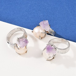 Платина Кольца-манжеты с натуральным аметистом и жемчугом, латунные регулируемые кольца для женщин, долговечный, платина, 18~22 мм, внутренний диаметр: 17.5~18 мм