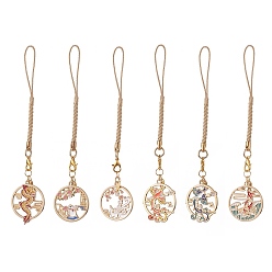 Mixed Color 6Pcs Alloy Enamel Mobile Straps, Alloy Lobster Claw Clasps and Polyester Cord Mobile Accessories Decoration, Flat Round with Dragon/Rabbit/Fox/Fish/Phoenix, Mixed Color, 12.8~13.15cm