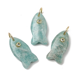 Амазонит Природные подвески амазонит, подвески в виде рыбок с латунной микрофиброй и фианитами, золотые, 24x12x5 мм, Перейти кольцо: 8x1 мм, внутренний диаметр: 6 мм