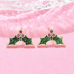 Настоящее золото 18K Латунные микро проложить серьги стержня кубического циркония, с эмалью и пайеткой, стойки покрытие, долговечный, без свинца и без кадмия, Холли листьев, реальный 18 k позолоченный, 10x16 мм