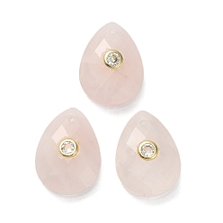 Розовый Кварц Природного розового кварца подвески, граненые подвески-слезинки с золотистой латунной микропаве прозрачными кубическими цирконами, золотые, 18x13x6.5~7 мм, отверстие : 1 мм
