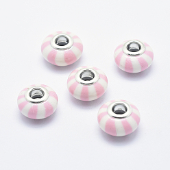 Lavender Blush Handmade Polymer Clay European Beads, with Silver Color Plated Brass Cores, Large Hole Beads, Rondelle with Stripe Pattern, Lavender Blush, 13~16x8~11mm, Hole: 4.5~5mm