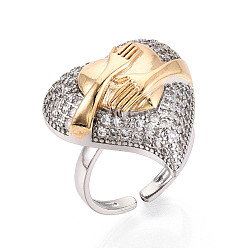 Real Gold Plated & Real Platinum Plated Латунные микропаве кубические цирконии регулируемые открытые манжеты кольца для женщин, без кадмия и без свинца, сердце и рука, настоящее золото и платина, регулируемый, 25x23 мм