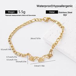 Butterfly European Style 304 Stainless Steel Link Bracelets for Women, Golden, Triple Butterfly, 7.87 inch(20cm)
