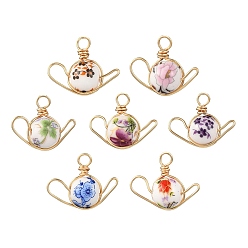 (52) Непрозрачная лаванда Подвески из фарфора и керамики с цветочным принтом ручной работы, с экологически чистой медной проволокой, чайник, разноцветные, 18x24x10 мм, отверстие : 3 мм