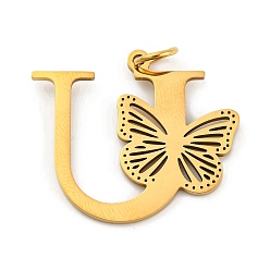 Letter U Ионное покрытие (ip) 201 подвески из нержавеющей стали, письмо с подвесками-бабочками, золотые, Буква U, 27x31x1.5 мм, Кольцо: 7x1 mm, отверстие : 5 мм