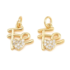 Chapado en Oro Real 18K Latón micro pavimenta claro cubic zirconia encantos, dijes de corazón y fe, real 18 k chapado en oro, 13.5x12.5x3 mm, agujero: 3.5 mm