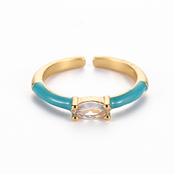 Dunkles Cyan Manschettenringe aus Messingemail, offene Ringe, Solitärringe, mit klaren Zirkonia, Nickel frei, Pferd Auge, golden, dunkles Cyan, us Größe 7 (17.3 mm)