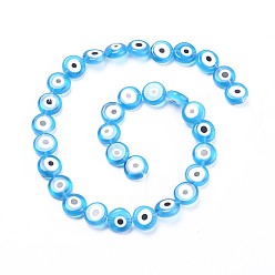 Deep Sky Blue Handmade Evil Eye Lampwork Beads Strands, Flat Round, Light Sky Blue, 12x4mm, Hole: 1.2mm, about 32pcs/strand, 14.56 inch(37cm)