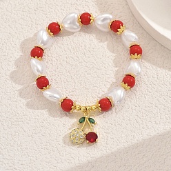 (52) Непрозрачная лаванда Браслеты с подвесками из латуни и микропаве из кубического циркония на день матери, браслеты из искусственного жемчуга для женщин, вишня, разноцветные, 5/8x3/4 дюйм (1.7x2 см), внутренний диаметр: 2-3/8 дюйм (6 см)