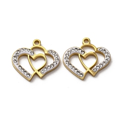 Золотой 304 подвески из нержавеющей стали и глиняных страз, сердце, ионное покрытие (ip), золотые, 16.5x18x2.5 мм, отверстие : 1.6 мм