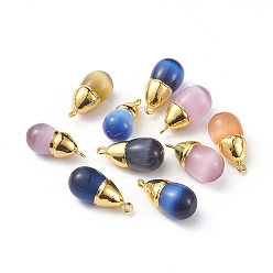 Mixed Color Cat Eye Pendants, with Golden Plated Brass Findings, Teardrop, Mixed Color, 25.5x12.5mm, Hole: 1.8mm