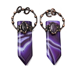 Полосатый Агат Большие подвески в форме меча из окрашенного натурального фиолетового полосатого агата и аметиста, с медными кольцами, Красная медь, 66~73x30~31x11.5~12 мм, отверстие : 6 мм