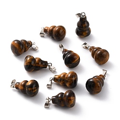 Tiger Eye Natural Tiger Eye Pendants, with Brass Loops and Snap on Bails, Long-Lasting Plated, Platinum, Gourd/Calabash, 16.5~17x12mm, Hole: 4x4mm