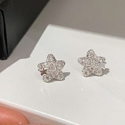Прозрачный Женские серьги-гвоздики из латуни с микропаве из кубического циркония в форме звезды, платина, прозрачные, 12 мм