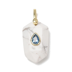 Howlite Natural Howlite Pendants, Faceted Hexagon Charms with Brass Micro Pave Cubic Zirconia Findings, Golden, 32.5x14.5x9mm, Hole: 4.5x6.5mm